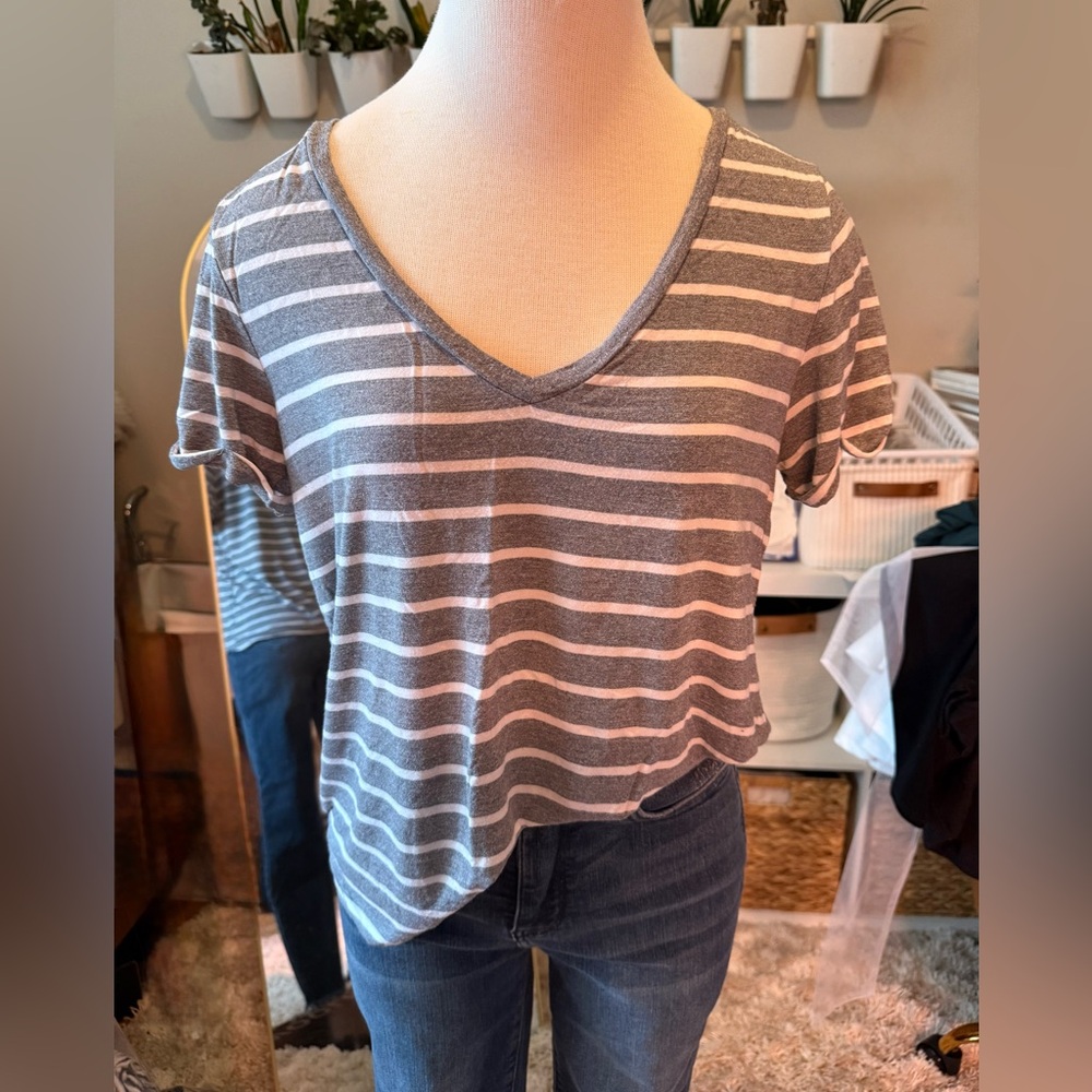 American Eagle Outfitters Gray and White Striped Soft & Sexy V-Neck Tee